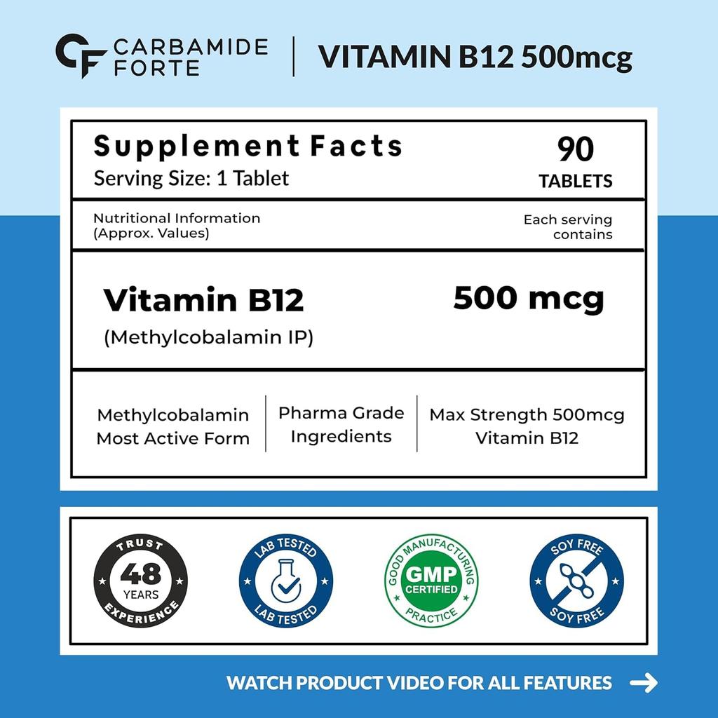 Carbamide Forte Vitamin B12 Tabletten 500mcg Nahrungsergänzungsmittel für Männer & Frauen 90 Veg-Tabletten Tägliche Energie