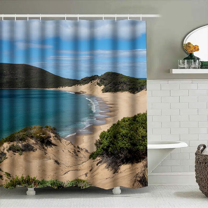 Strand Duschvorhang Küstenmotiv Design Für Badezimmer Dekorationen, Moderne Heimdekoration Wasserdichtes Gewebe, 3D-Druck Bad R