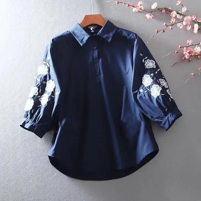 Women's Summer Literary Loose Casual Lantern Sleeve Shirt Temperament Design Embroidery Elegant Top