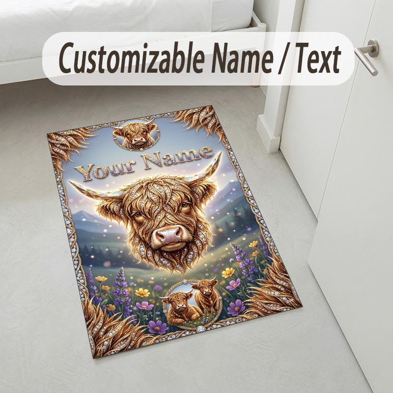 Tappeto in Velluto Cristallo Tema Mucca Highland Nome Personalizzato Testo Tappetino Morbido per Pavimento Decorazione Casa