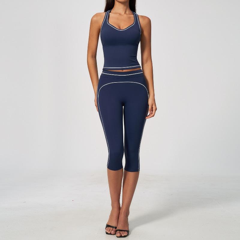 Contrasting color grinding yoga suit for women, neck V-neck, hip lift, abdomen, high waist, cropped pants, sports suit for women