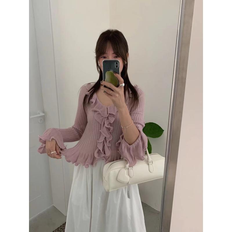 Pulover tricotat subțire cu dantelă ciupercă la modă, toamnă 2025 nou pulover de damă cu talie și decolteu în V 11950