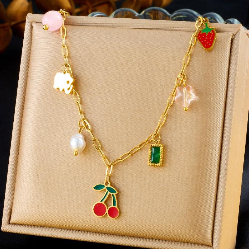 Gold Fruit Charm Necklace, Cherry Strawberry Elephant Pendant Necklace, Cute Dainty Jewelry for Women Daily Wear Gift