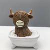 Highland Cow Bathroom Figurine Funny Scottish Cattle Sitting on Toilet Statue Resin Calf Bathing Sculpture for Home Tiered Tray Table Fireplace Decor