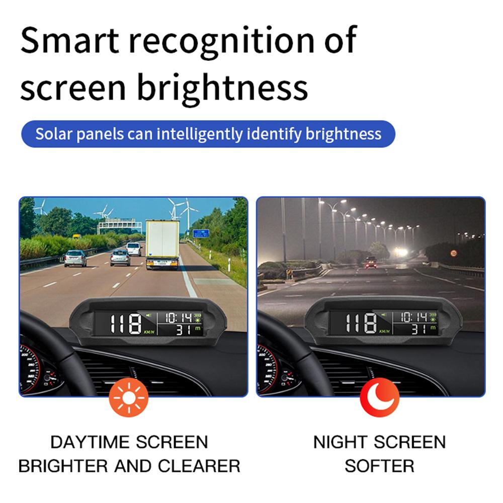 Solcelledrevet digitalt HUD-display for bil, GPS-head-up-display, automatisk speedometer, påminnelse om overhastighet og sliten kjøring, bilklokke, temperaturvisning