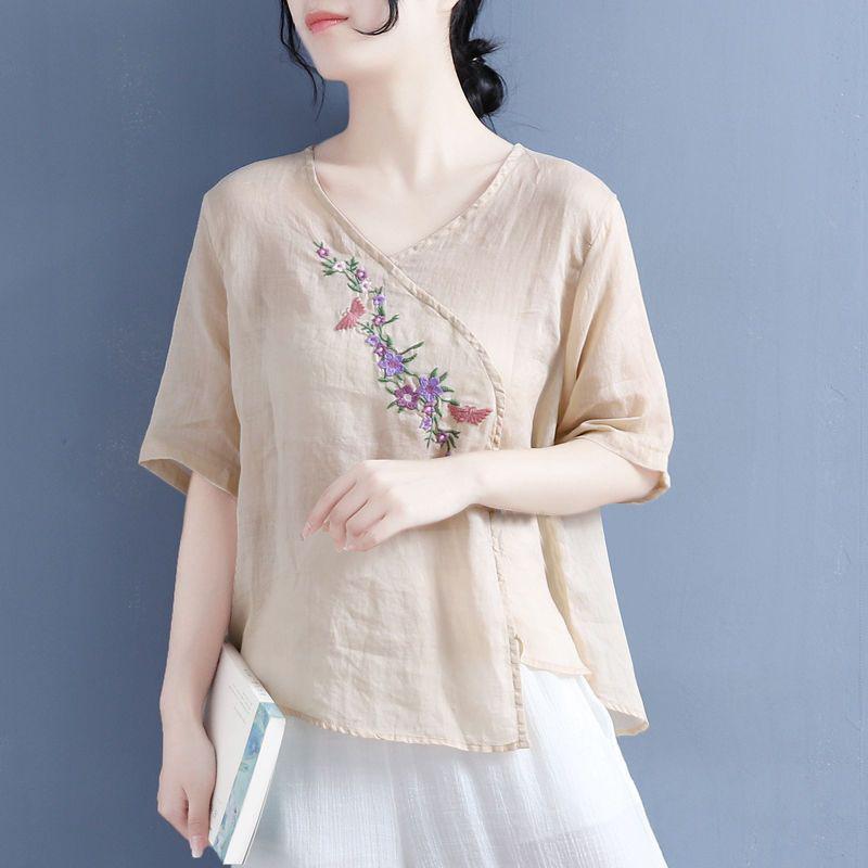 New Summer Vintage Literary Thin Large Size Embroidered Short-sleeved Cotton and Linen Top for Women's Ethnic Style V-neck T-shirt for For Women
