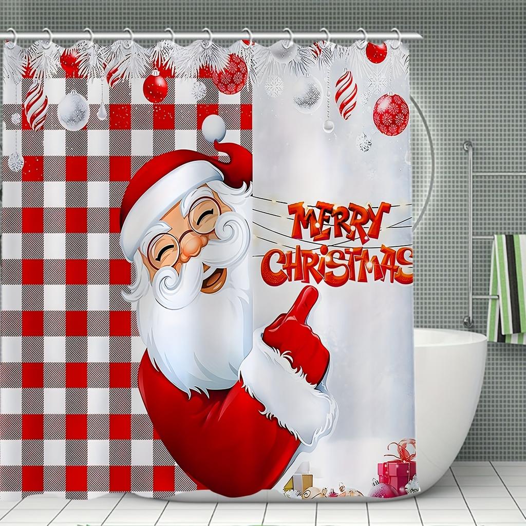 Set de perdele de duș de Crăciun, 4 bucăți, rezistent la apă, cu 12 cârlige, covor de baie antiderapant, covoraș de toaletă în formă de U, capac de toaletă.