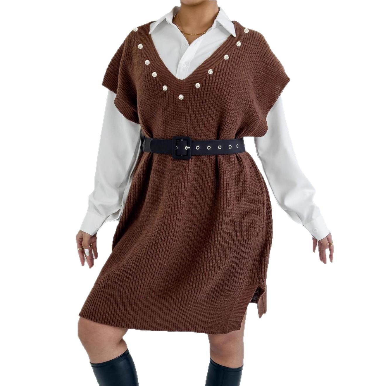 

Повседневное платье-жилет в стиле колледжа, платье с V-образным вырезом и бисером, свободное платье-свитер большого размера One Size кофейный