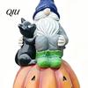 Holiday Gift for Her Halloween Gnome Outdoor Garden Statue, Resin On Pumpkin Figurine with Ornaments Black Cat, Fall Autumn Dwarf Sculpture Porch Yard