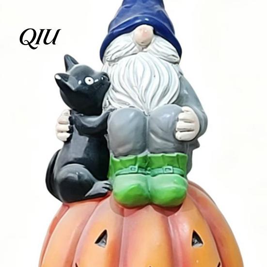 Holiday Gift for Her Halloween Gnome Outdoor Garden Statue, Resin On Pumpkin Figurine with Ornaments Black Cat, Fall Autumn Dwarf Sculpture Porch Yard