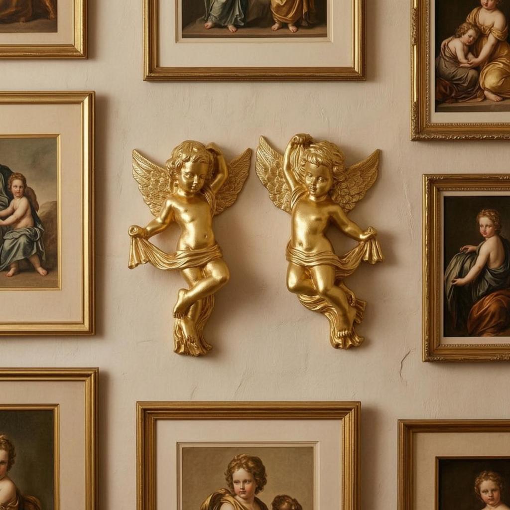 Gold Angel Wall Ornament Golden Decor Sculpted Cherub Relief Ornate