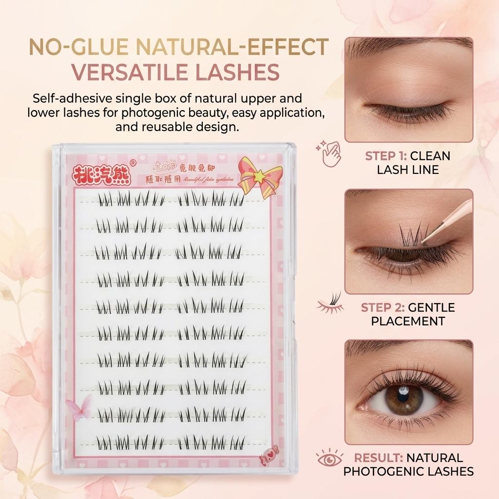No Glue Natural False Eyelashes Upper Lower Universal HD Camera Ready Black Fiber Lashes