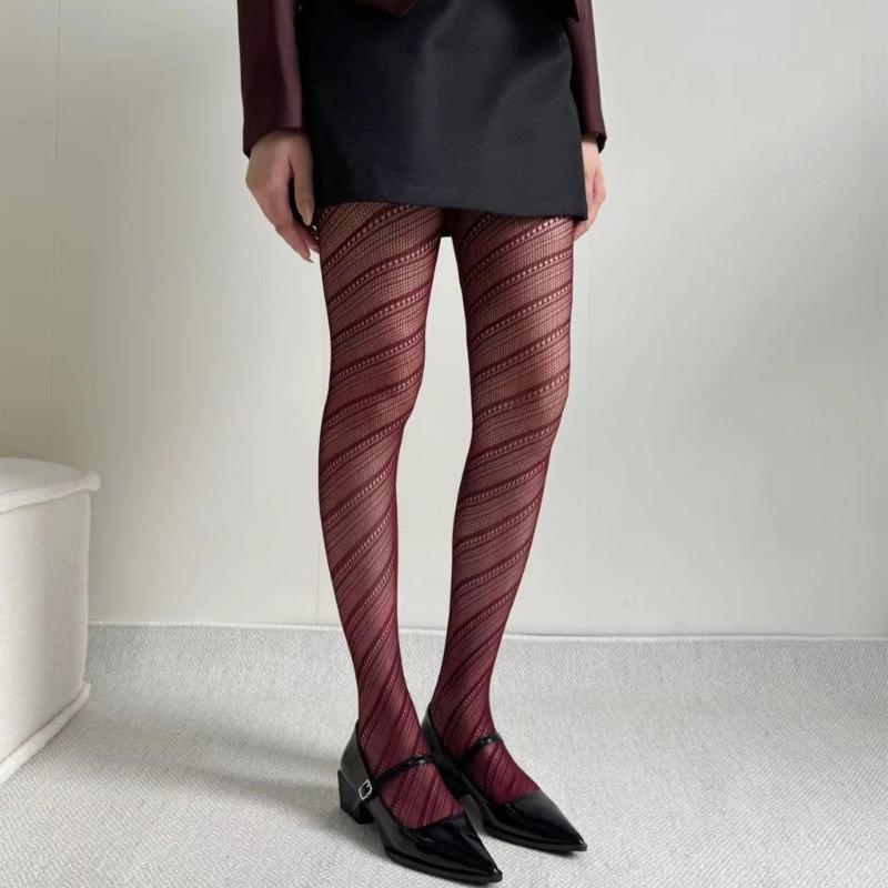 Aesthetic High Waist Fishnet Tights for Women Stretchy Pantyhose Elegant Hollowed Out Diagonal Stripe Mesh Stockings