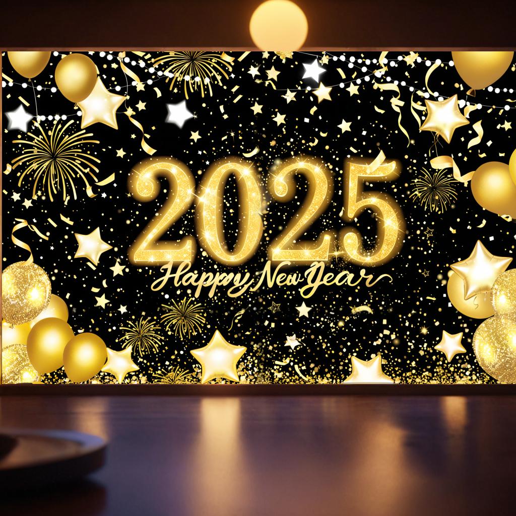 2025 Happy New Year Eve Banner Home Party Background Gold Fireworks  Balloon 180*110cm Banner Wall Decoration Background New In