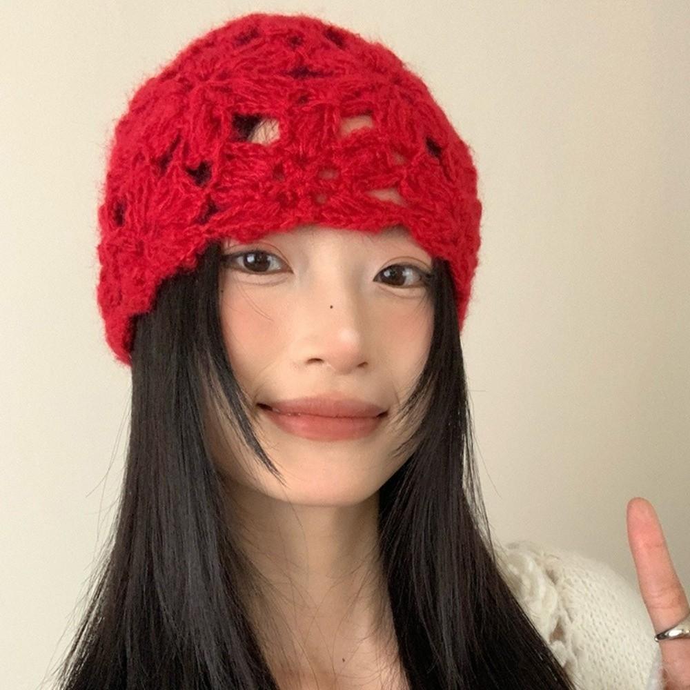 Hollow Knitted Pullover Hat Solid Color Beanies Cap Cute Crochet Flower Hat  Girls