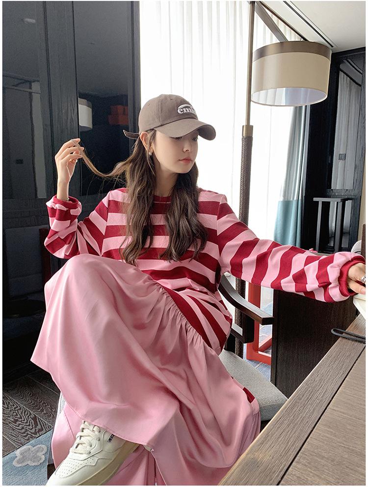 Pink Striped Patchwork Maternity Sweatshirt Dress – Mid-Length 2024 Autumn Retro Loose College Style