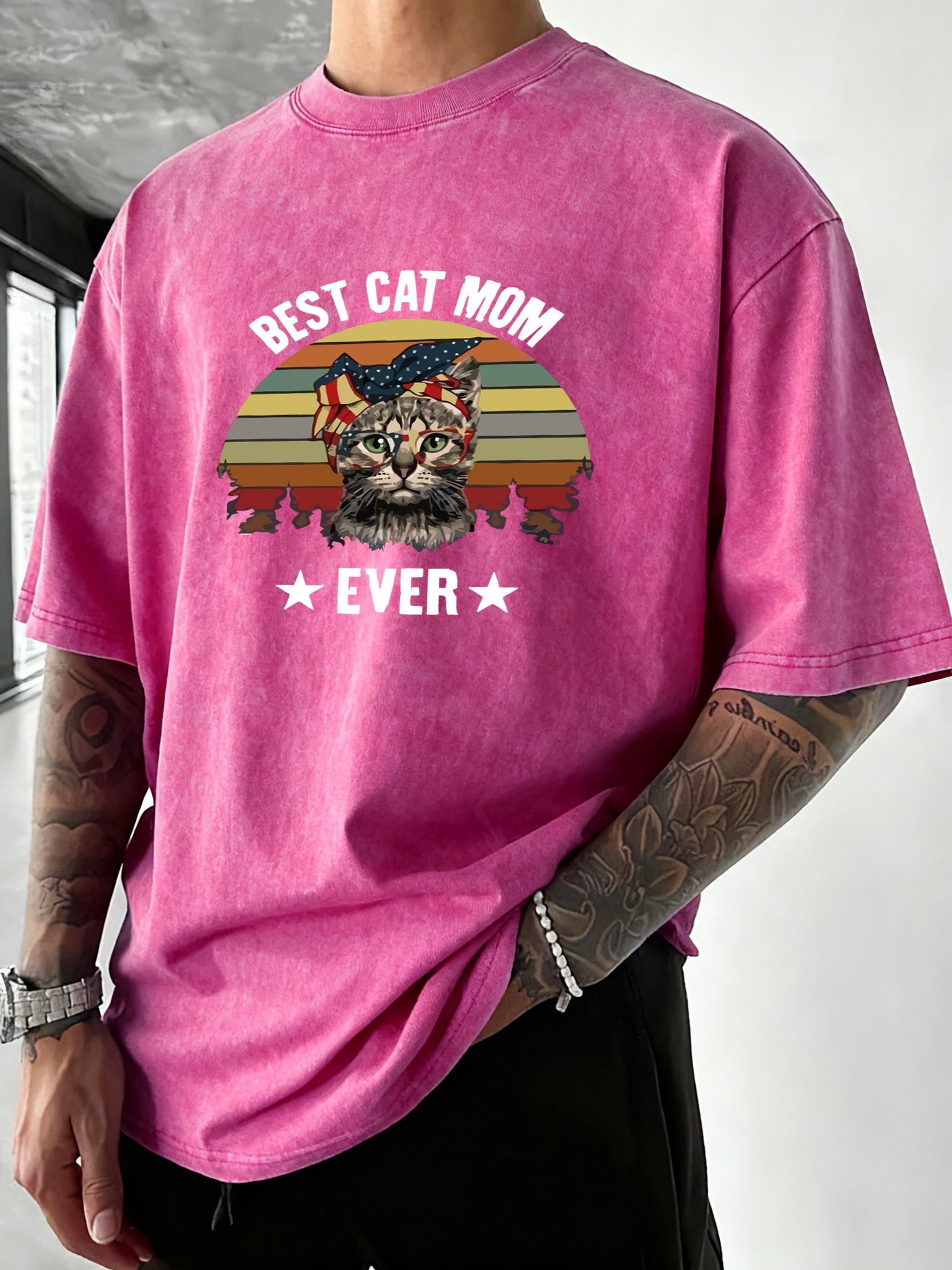 

Best Cat Mom Ever Print Washed T Shirt Man Cotton Hip Hop TShirt Street Breathable Sportswear Crewneck Loose Male Clothes S