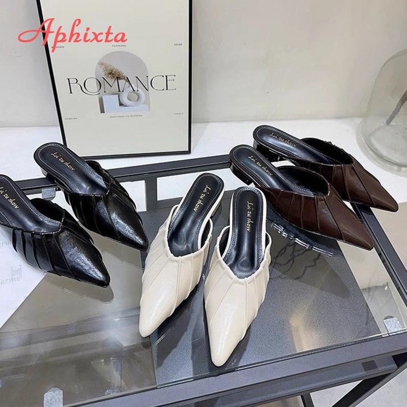 Aphixta High Heels Elegant Women Slides Pointed Toe Shallow Summer Dress Slides Sexy Pleated Design Patent Leather Slipper Shoe