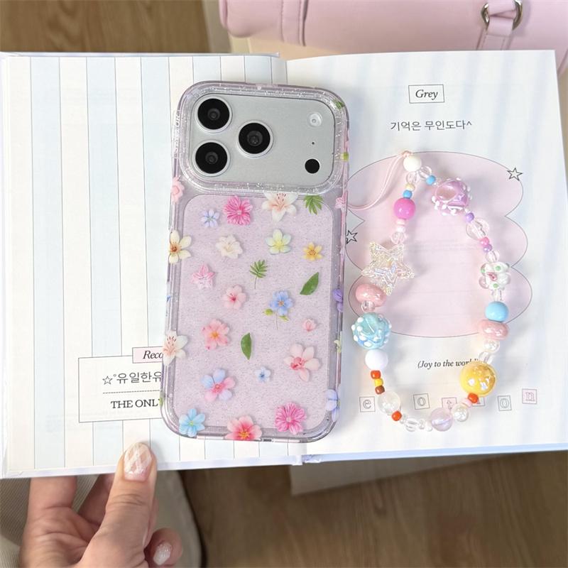 Cute Kawaii Purple Glitter Floral Phone Case For iPhone 17 16 15 14 Pro Max Pastel Flower Print Protective Cover for Girls