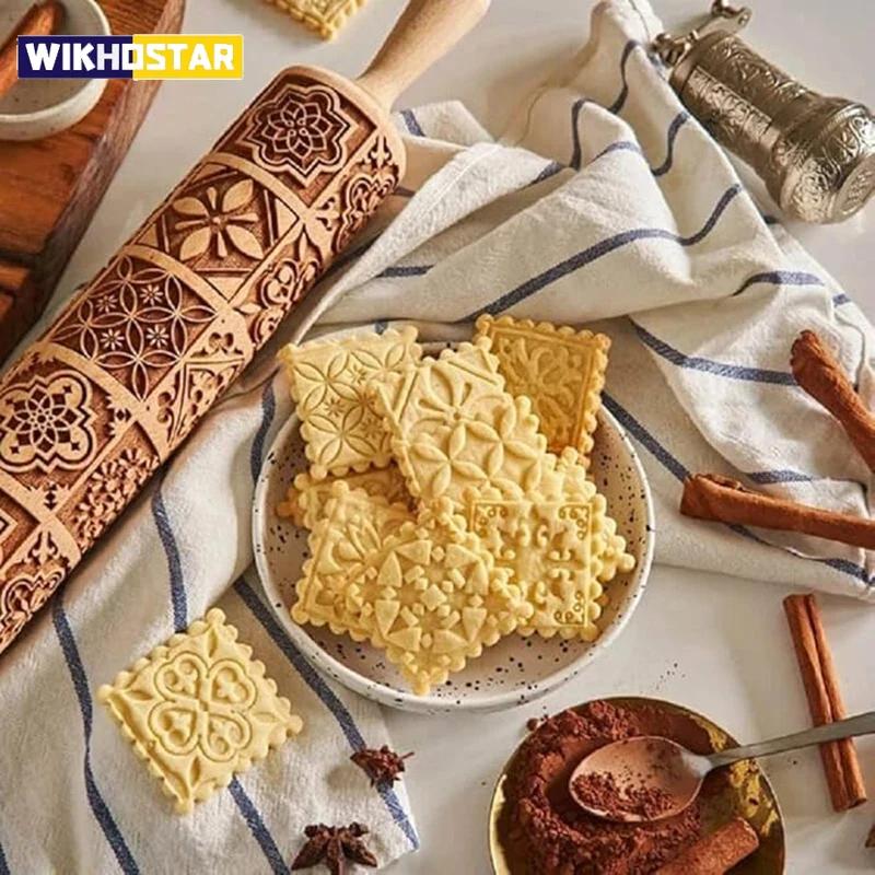 1 Stück Weihnachtswalzholz aus Holz mit Rentier-Blumenmustern für die Küche, Gebäck, DIY-Backwerkzeuge, geprägte 3D-Keksausstecher