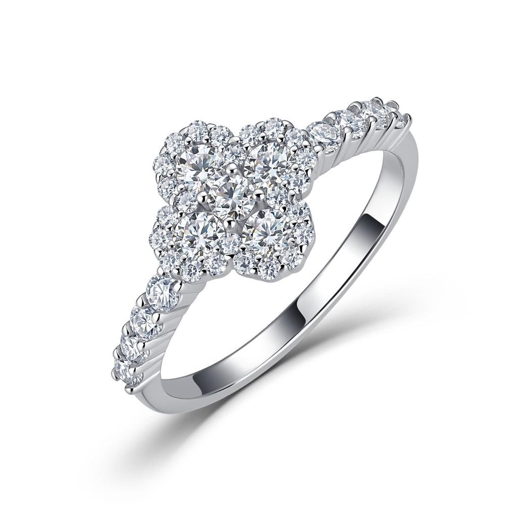 S925 Silver Gold-Inlaid Four-Leaf Clover Moissanite Pave Setting Ring Women Light-Luxury Floral Row Engagement Wedding GRA