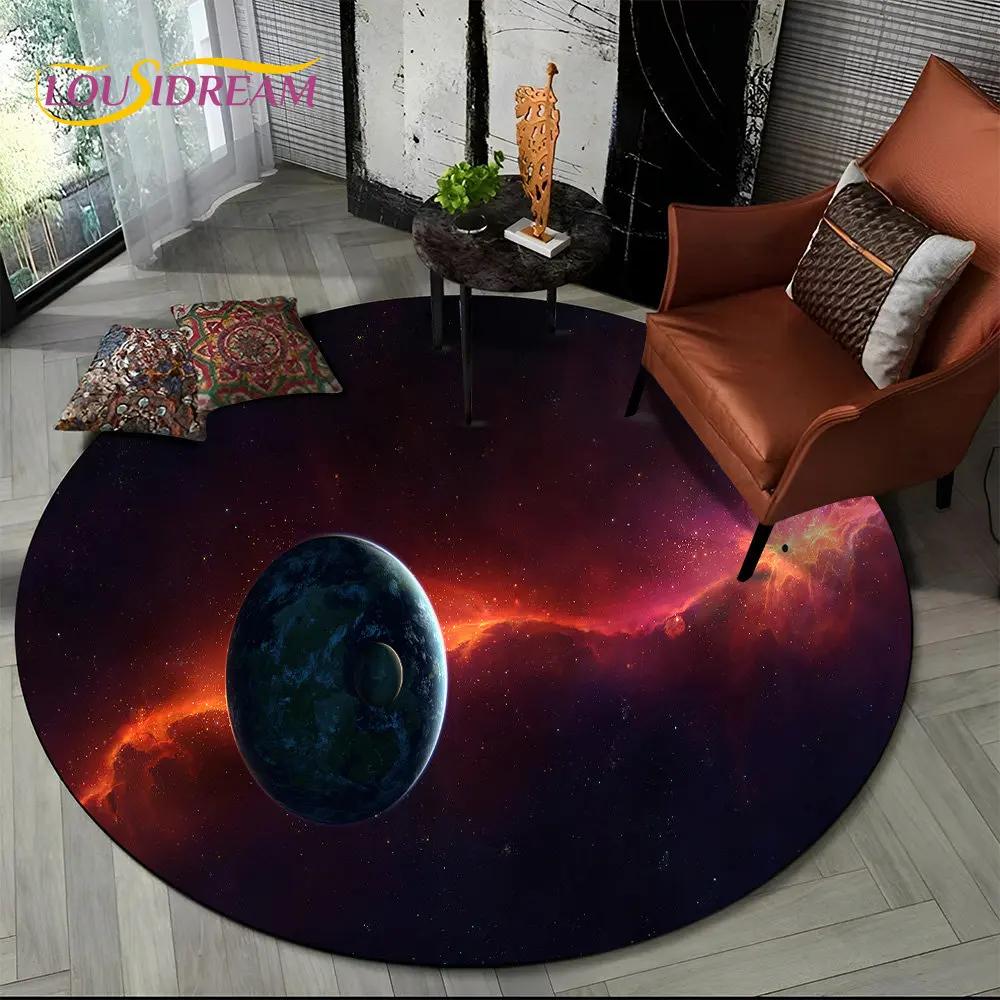 Earth Space Fixed Stars Galaxy Round Area Rug,Carpet for Living Room Children's Bedroom Sofa Playroom Decor,Non-slip Floor Mat