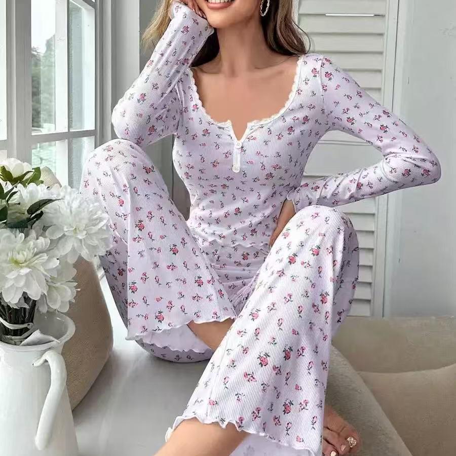 European & American Style Autumn/Winter Sexy Casual Fashion Pajama Set: Women's Long-Sleeve Top and Pants