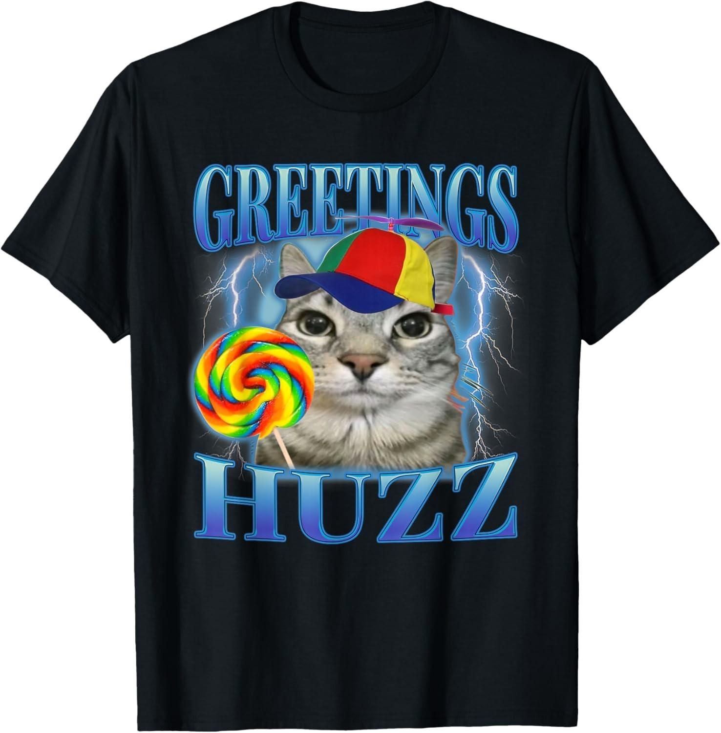 Lollipop Cat Meme Greetings Huzz Funny Silly Cats Brainrot  unisex T-Shirt Mens Womens Tees Top XL