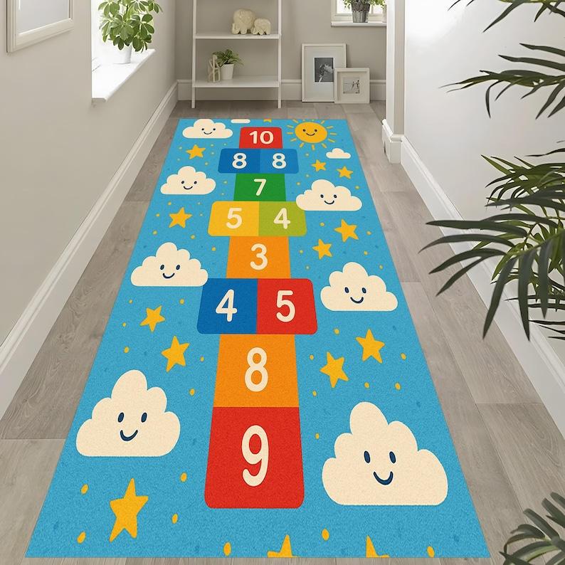 Dinosaur Hopscotch Pattern Kids Runner Rug NonSlip Mat for Playroom Nursery Living Room Jungle Theme Washable Carpet Floor Decor