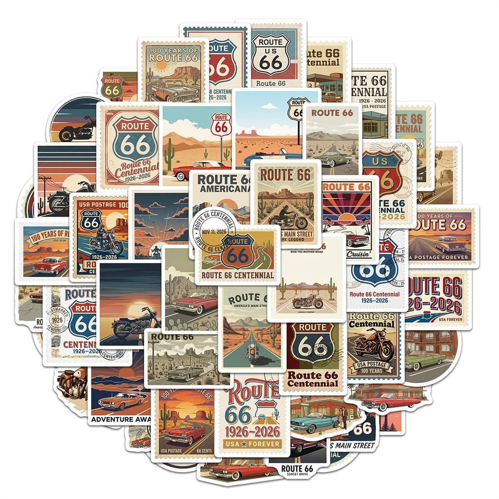 Set of 50 Waterproof Vintage Theme Stickers Commemorating the 100th Anniversary of Route 66's Opening.