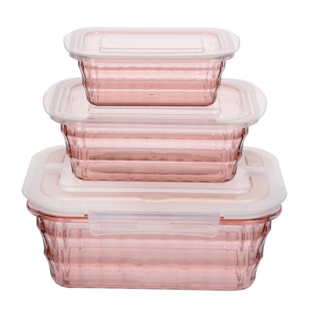 3PCS Stripe Pattern Food Preservation Box Set Transparent Salad Bowl Kitchen Organizer Refrigerator Rectangular Pink