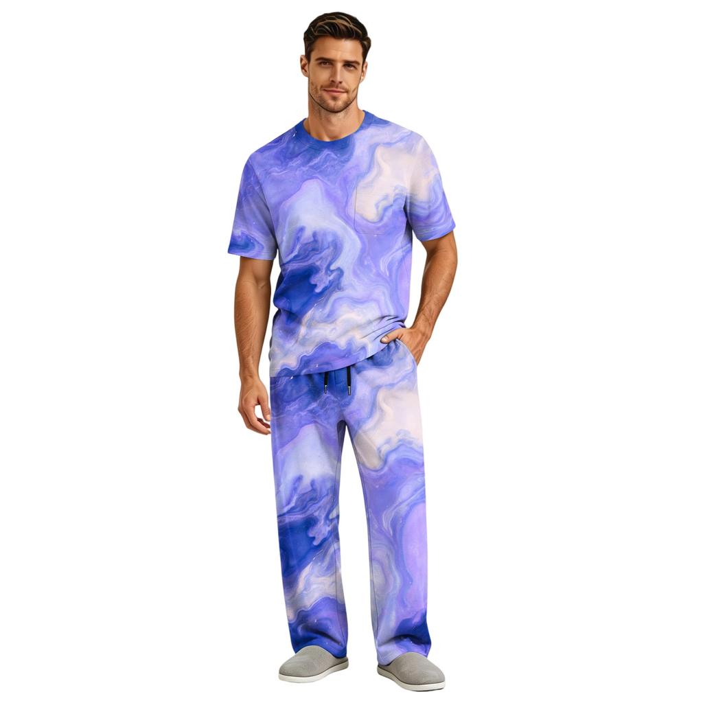Men's Home Pajama Set, Short Sleeve Top and Long Pants with Button Fly and Drawstring Waist