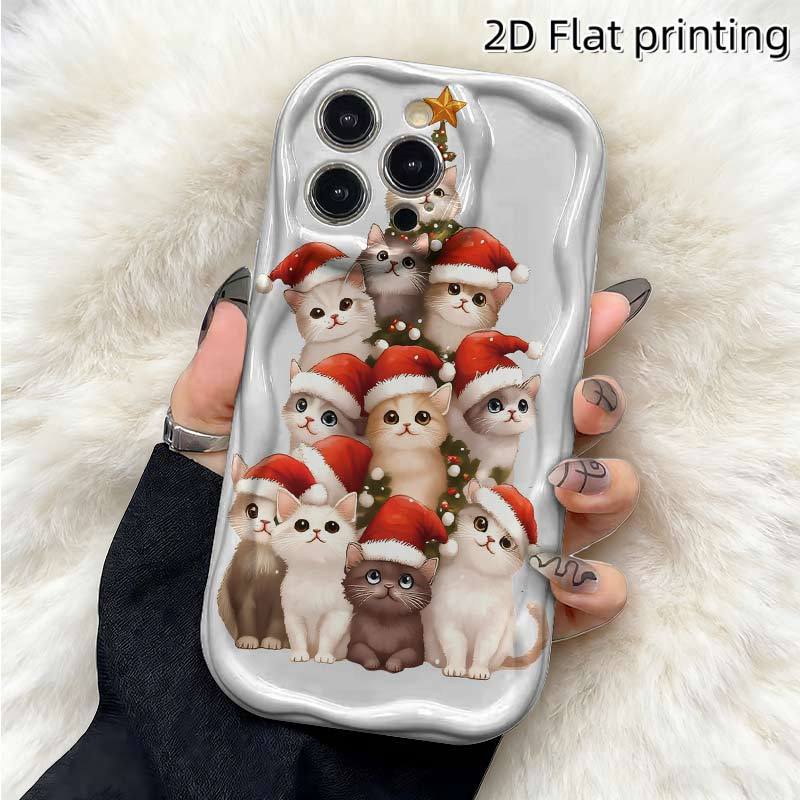 Cute Christmas Cat Tree Phone Case for iPhone 17 16 15 14 13 12 11 Pro Max, Wavy Cream White Soft TPU Protective Cover