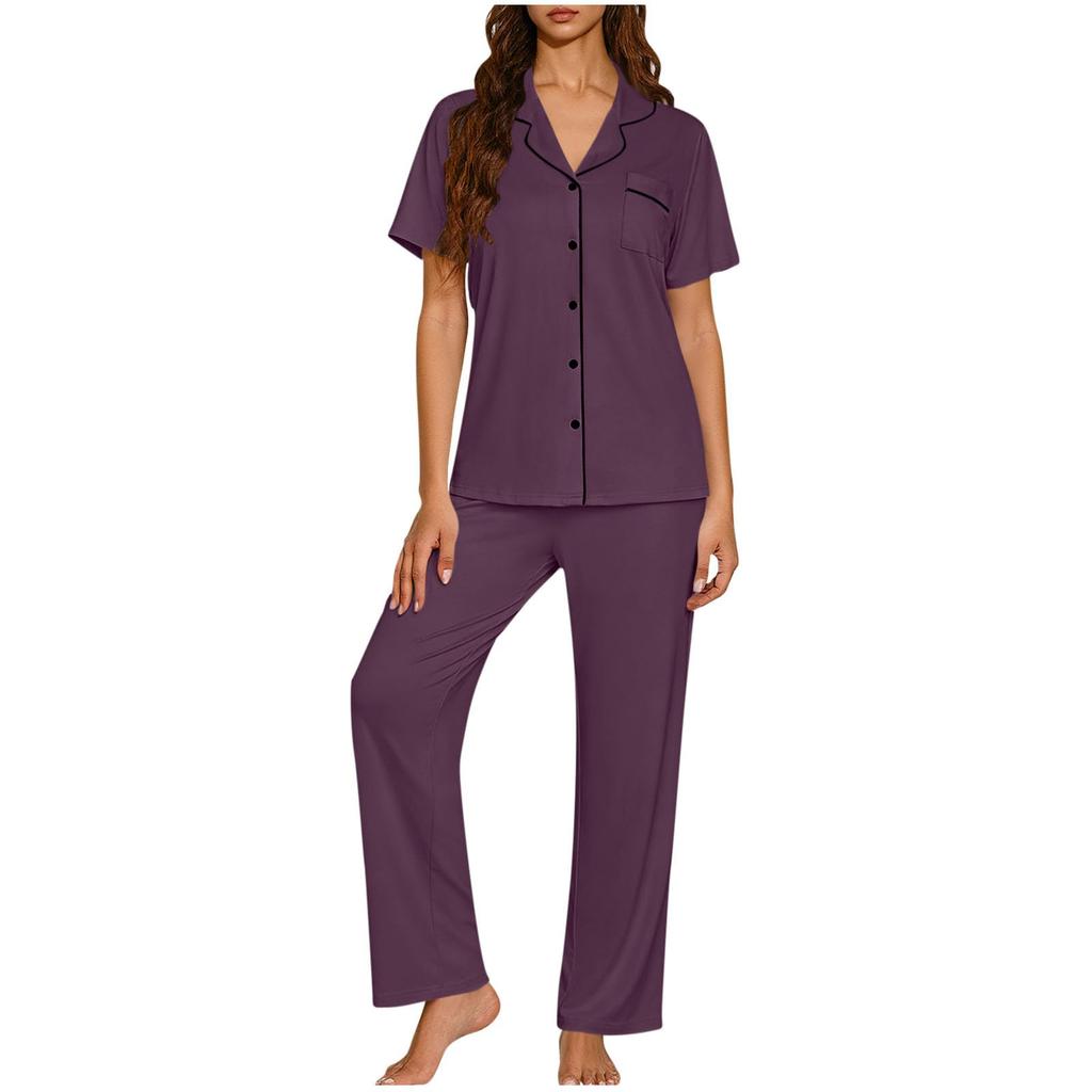 Women's Fashionable Loose-Fit Loungewear Short-Sleeve Cardigan Collared Pajama Set