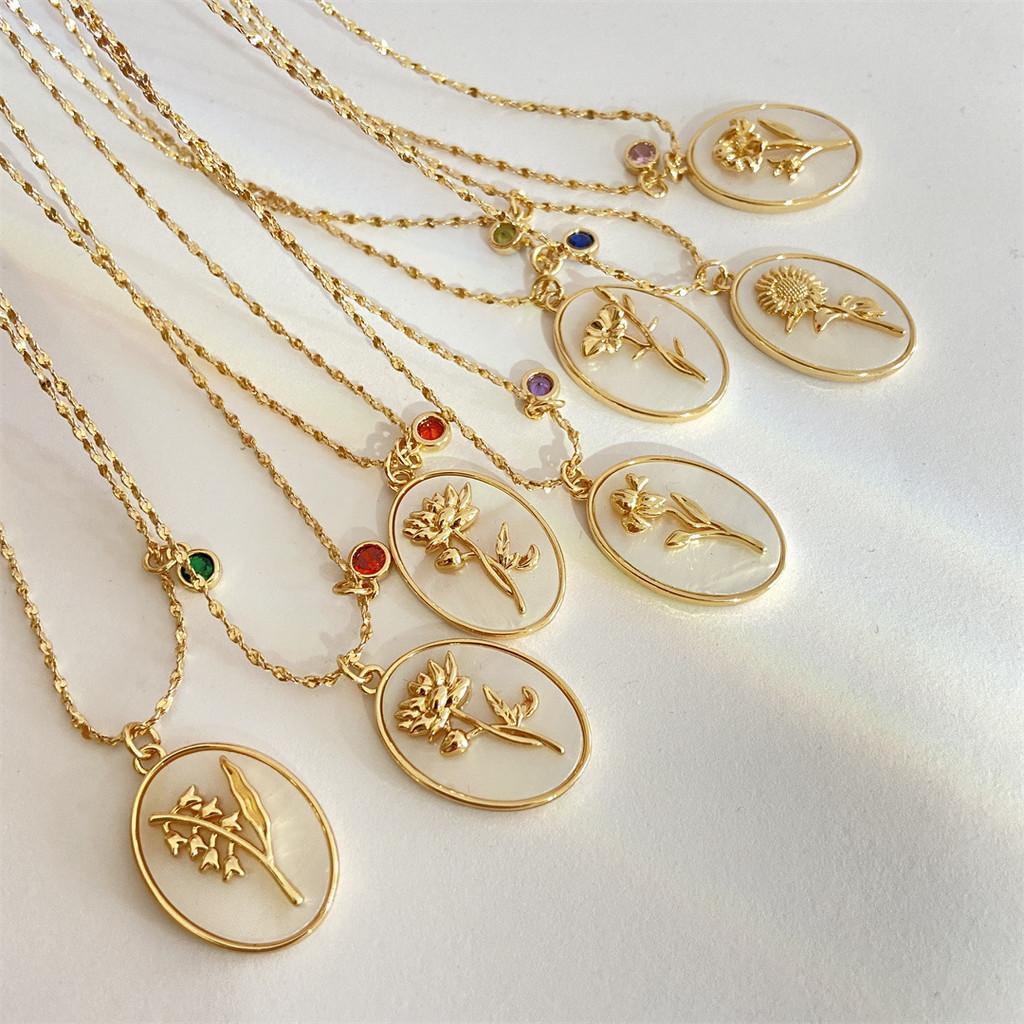 Birthstone Necklace For Women With Mother Of Pearl Flower Pendant And Dangle Charm For Birth Month Gift