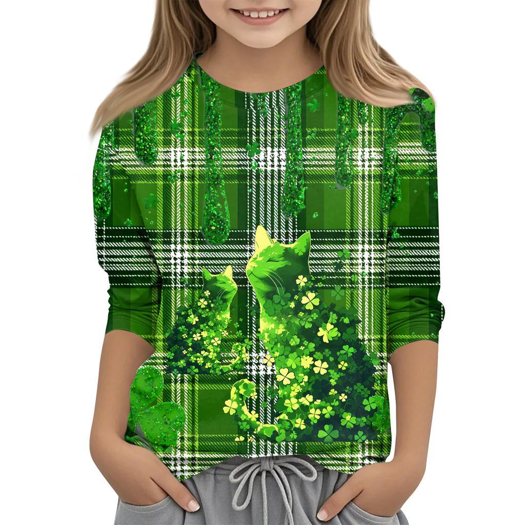 St. Patrick's Day Print Tops Für Jugendliche Mädchen 4-11 Jahre Rundhals 3/4 Ärmel T-Shirts Trendige Tops Outfit T-Shirts
