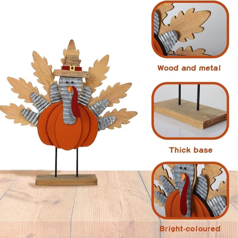 Thanksgiving Wooden Turkeys Decorations Indoor Turkey Figurines For Table Centerpieces Multi-Piece Harvest Decors with Pumpkin and Fall Foliage Motifs