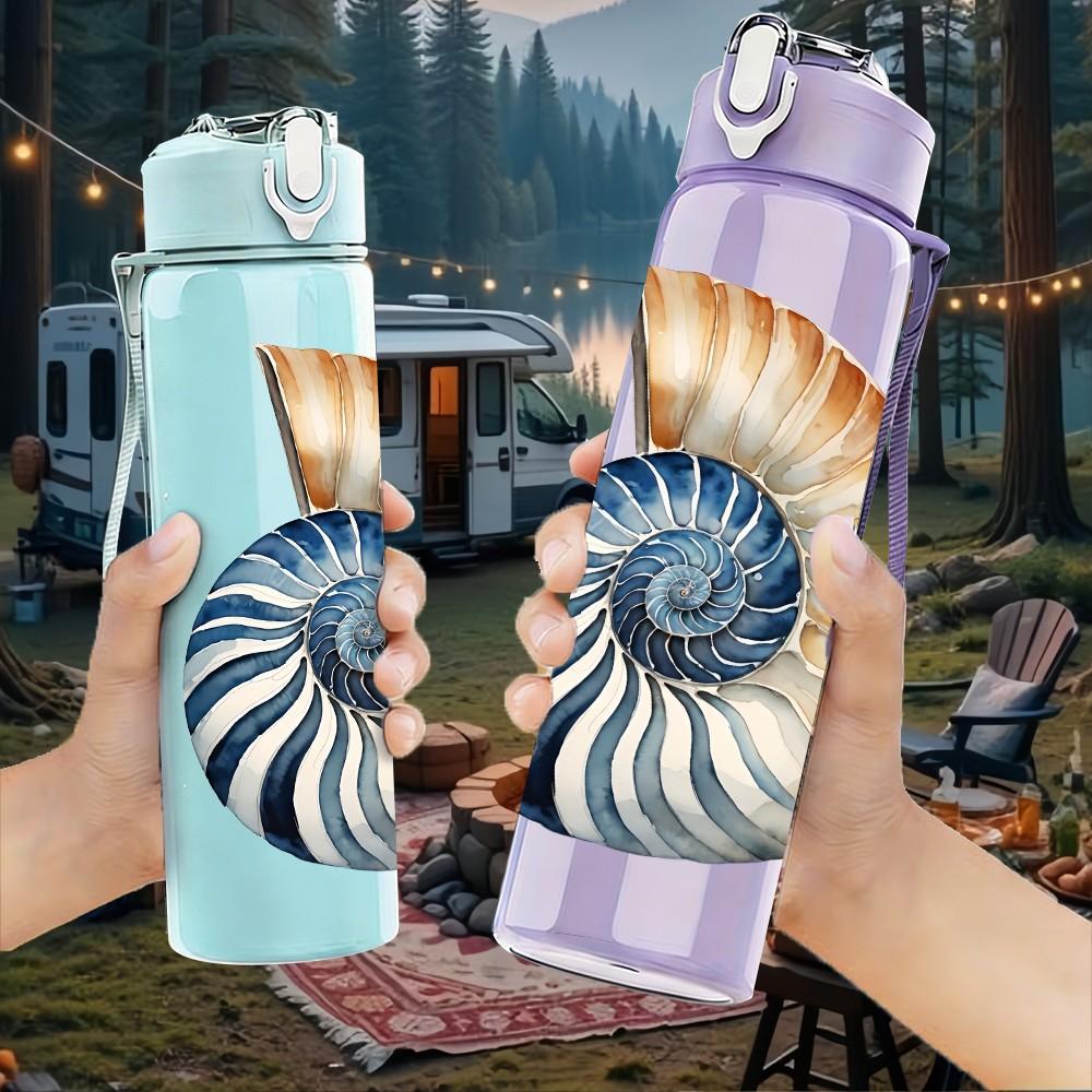 1PC Spiral Seashell Ocean Pattern 750ml Color Plastic Sports Water Bottle Leakproof Flip Straw Lid Suitable for Sports Office Home Use