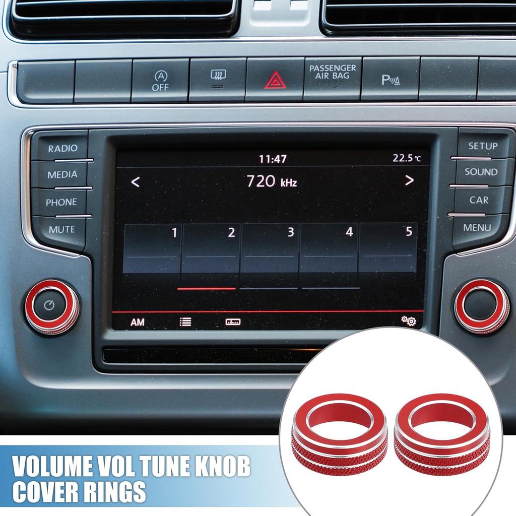 Volume VOL Tune Knob Cover Rings for VW Tiguan Taos Jetta Passat Atlas Arteon Golf R Beetle Aluminum Alloy Red (Pack of 2)