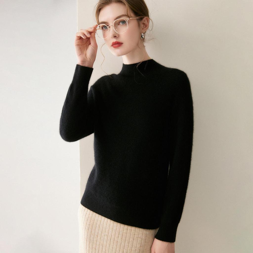 2026 Le Kasha Women's Pure Cashmere Sweater: 12 Gauge Flat Knit, Half-High Neck, Solid Color, Autumn/Winter Base Layer