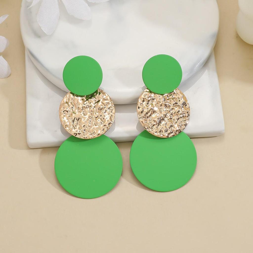 European & American High-End Metal Green Geometric Round Earrings for Women - Elegant Patchwork Design