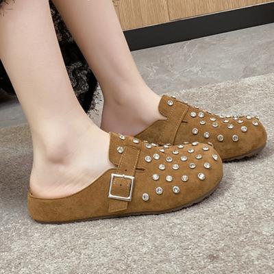Flache Schuhe Frühling Neuer Stil Runde Spitze Rindsleder Wildleder Kristallnieten Metallschnalle Weiche Sohle Rutschfest Verschleißfest Slipper