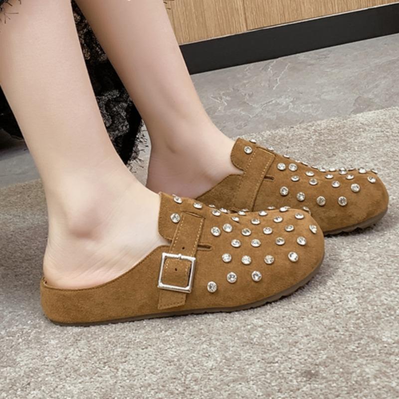 

Fashion Flat Shoes Spring New Style Round Head Cow Suede Crystal Rivets Metal Buckle Soft Sole Anti-slip Wear-resistant Slippers 35