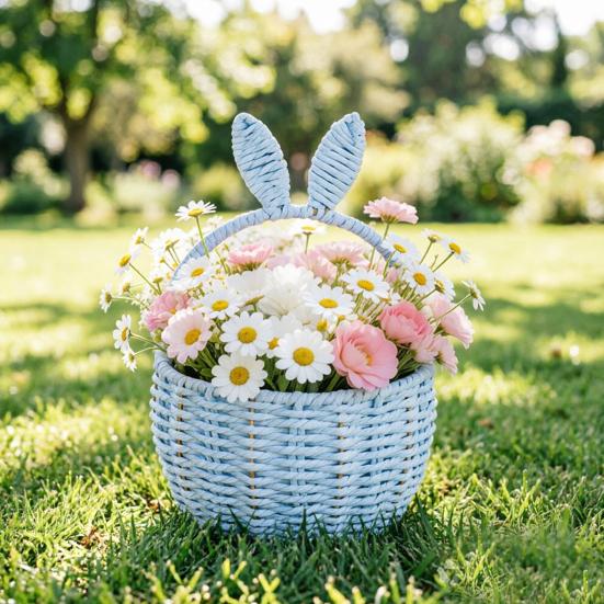 Flower Arrangement Basket, with Built-in Waterproof Lining Design, Weaving Cute Bunny Ear Handle Floral Basket for Wedding Camping
