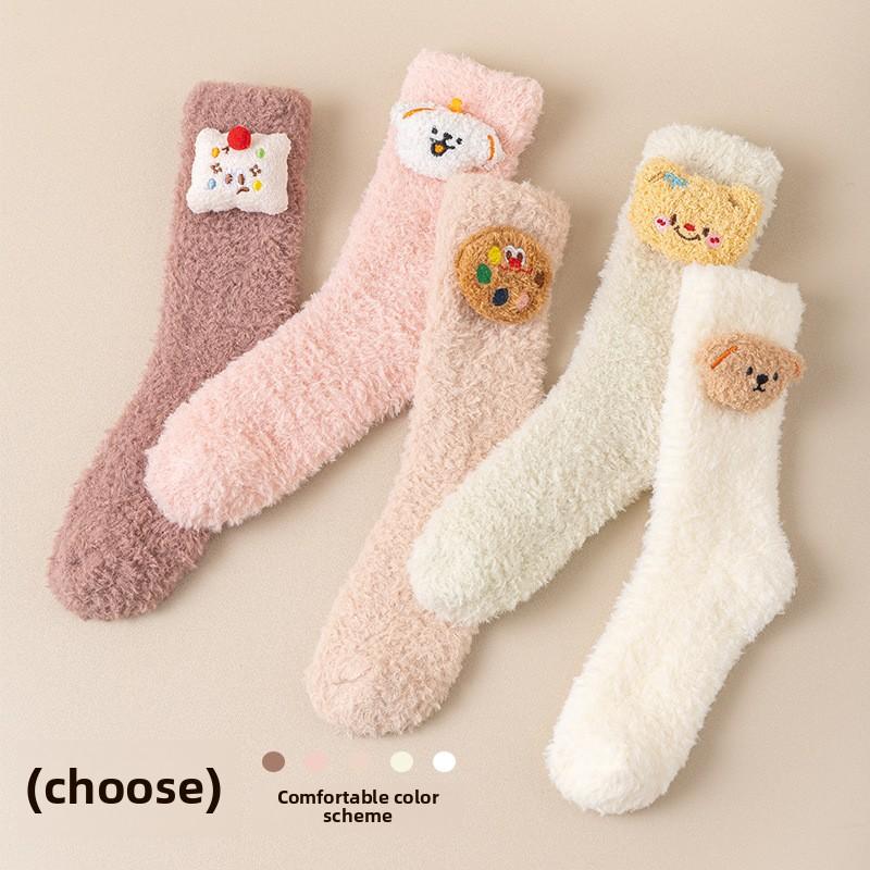 Coral Velvet Sleeping Socks for Women Autumn Winter Warm and Velvet Thick Warm Mid-tube Month Socks