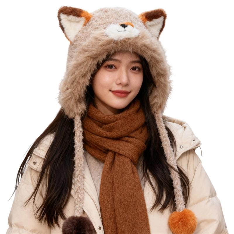 Furry Ears Plush Winter Hat for Women Girl Warm Comfortable Unisex Earflap Cap for Skiing Camping Daily Outdoor Use