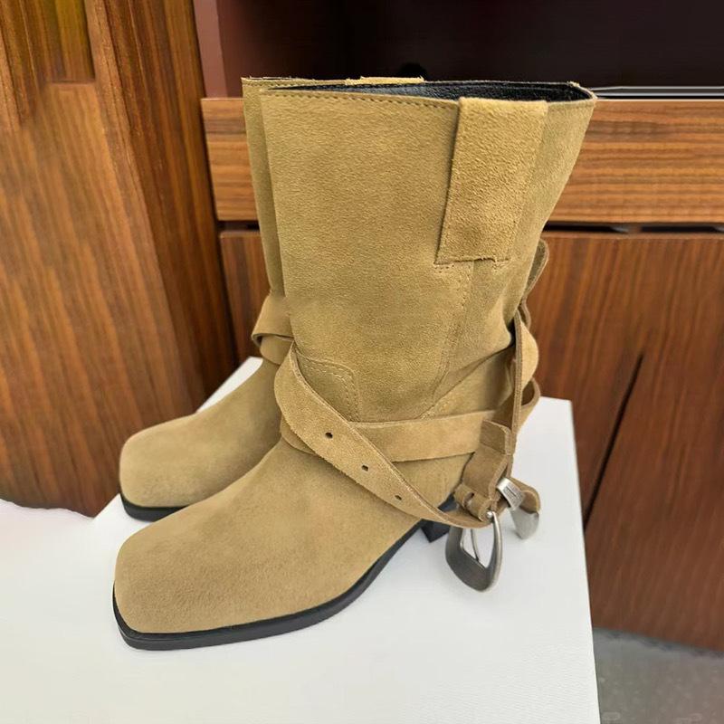 Korean Version Niche Cross Belt Suede Thick Heel Square Head Western Cowboy Boots Belt Buckle Martin Boots Short Boots Medium Boots Women