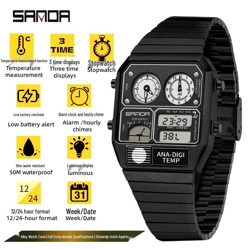 Sanda Men s Square Watch: Fashionable Steel Band, Sports Electronic, Waterproof with Alarm.