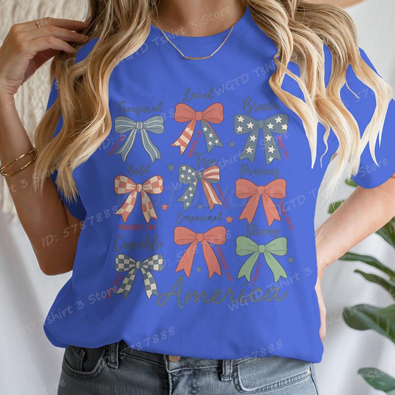 4th Of July Bows America Print Tshirt For Women Summer Casual Tshirts Short Sleeve Tops July 4th Gifts Independence Day Tshirt