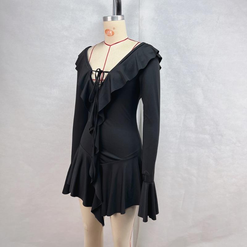 Fashion Sexy Big V Neck Irregular Mini Short Dress Ruffle Edge Flared Long Sleeve Slim Fit Evening Party Dress Streetwear Solid Color Women's Clothing